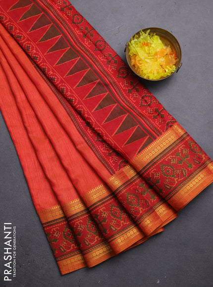 Semi tussar saree dual shade of pinkish orange and maroon with plain body and ikat woven zari border