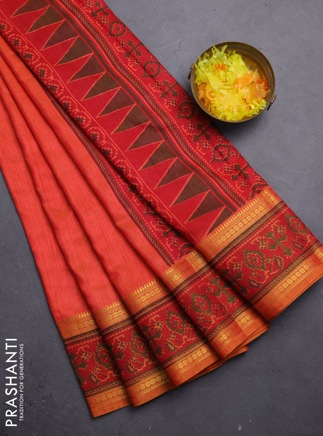 Semi tussar saree dual shade of pinkish orange and maroon with plain body and ikat woven zari border