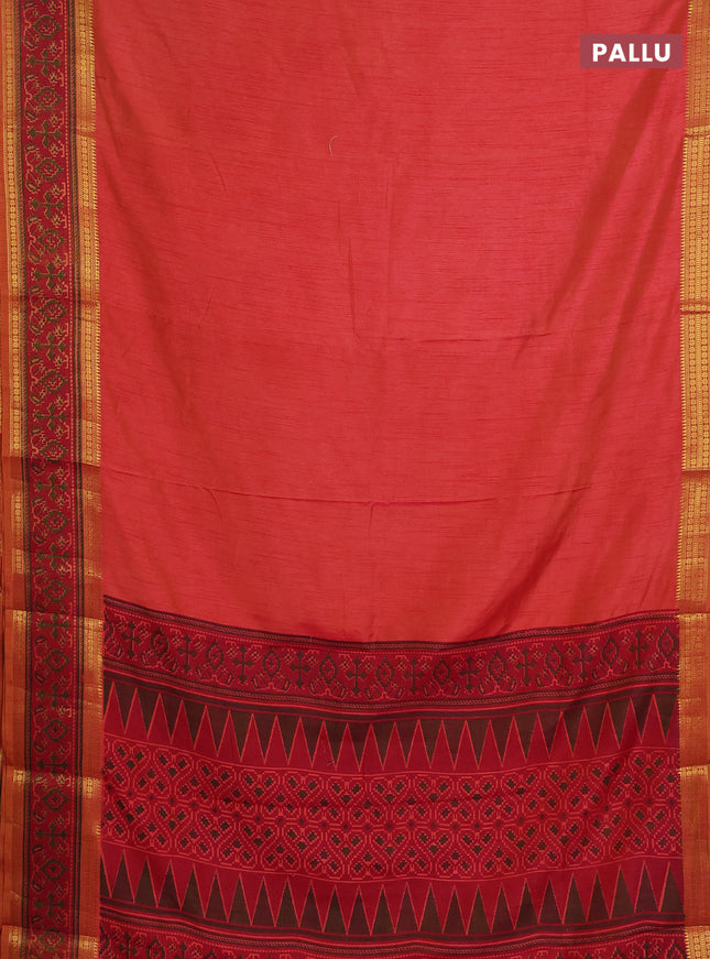 Semi tussar saree dual shade of pinkish orange and maroon with plain body and ikat woven zari border