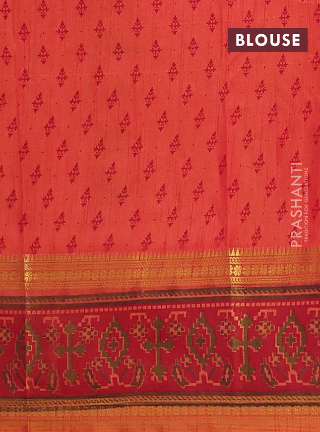 Semi tussar saree dual shade of pinkish orange and maroon with plain body and ikat woven zari border