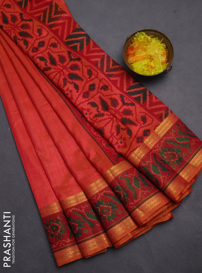 Semi tussar saree sunset orange and maroon with plain body and ikat woven zari border