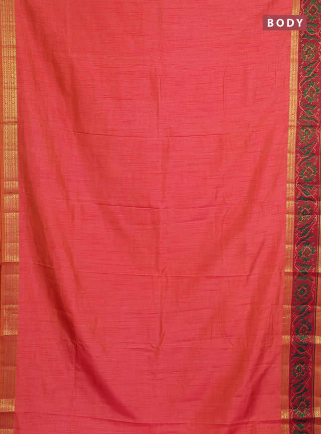 Semi tussar saree sunset orange and maroon with plain body and ikat woven zari border