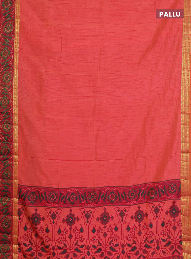 Semi tussar saree sunset orange and maroon with plain body and ikat woven zari border
