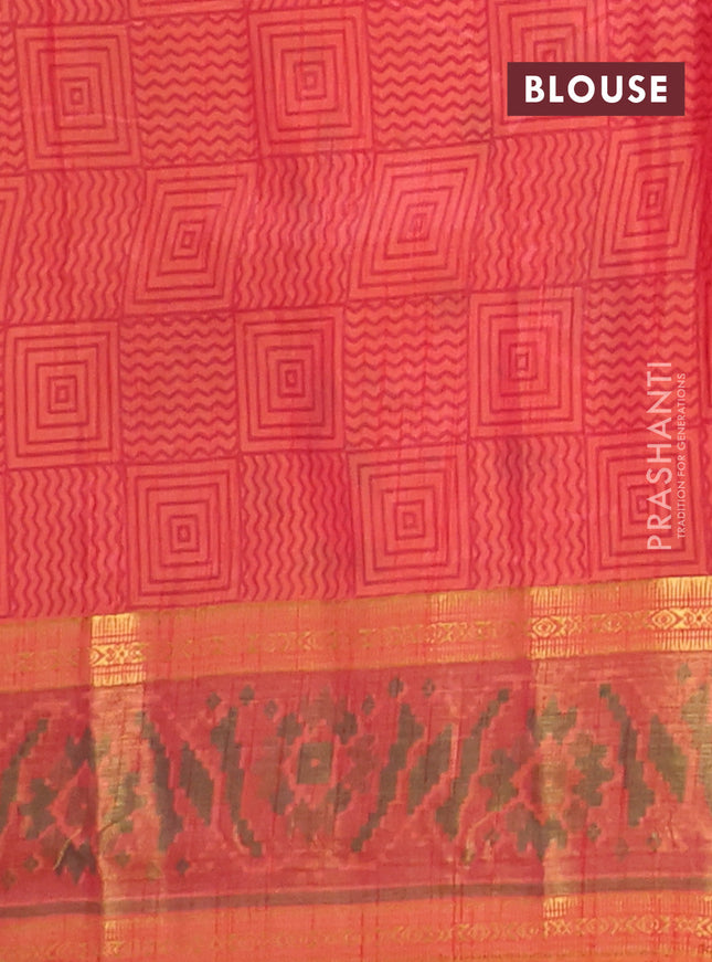 Semi tussar saree sunset orange and maroon with plain body and ikat woven zari border