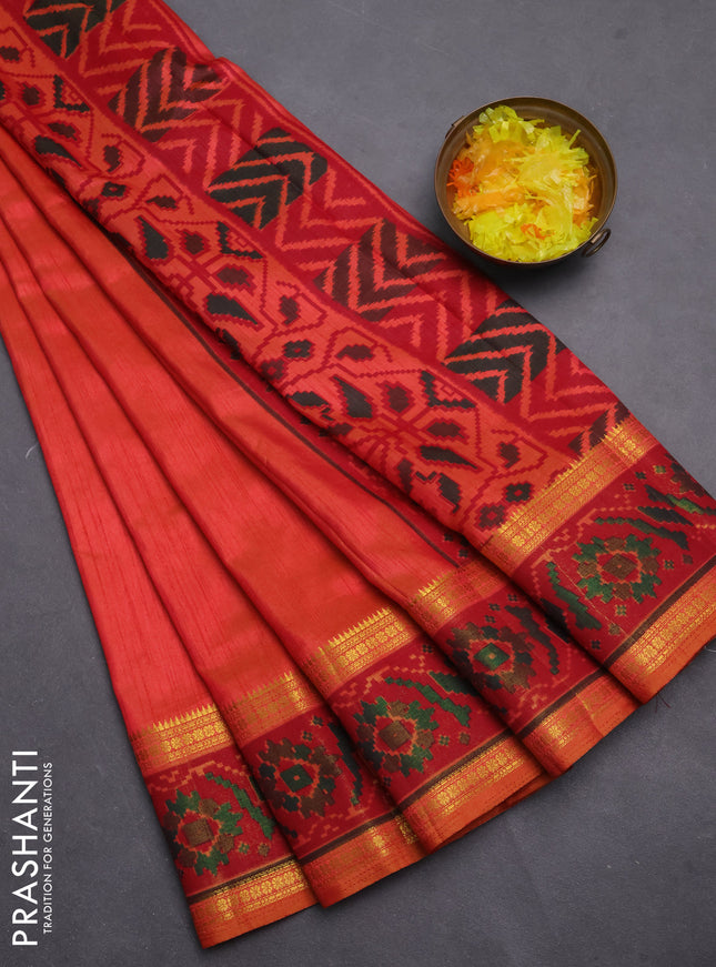 Semi tussar saree orange and maroon with plain body and ikat woven zari border