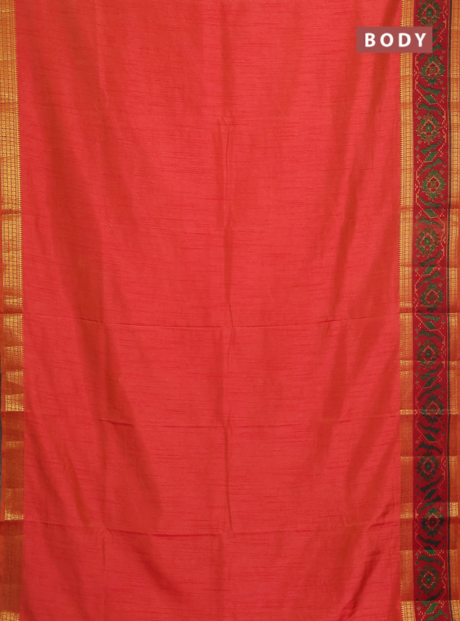 Semi tussar saree orange and maroon with plain body and ikat woven zari border