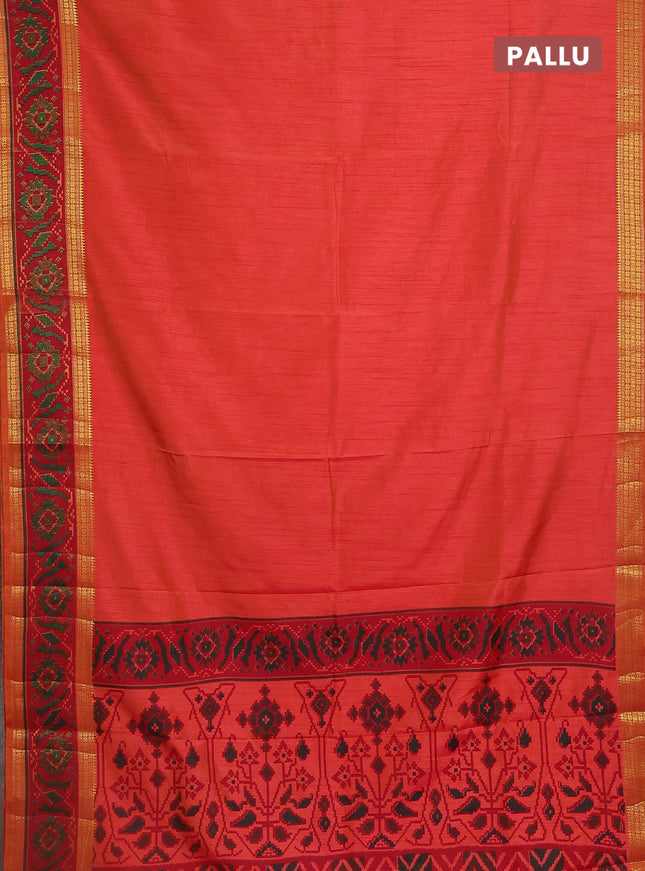 Semi tussar saree orange and maroon with plain body and ikat woven zari border
