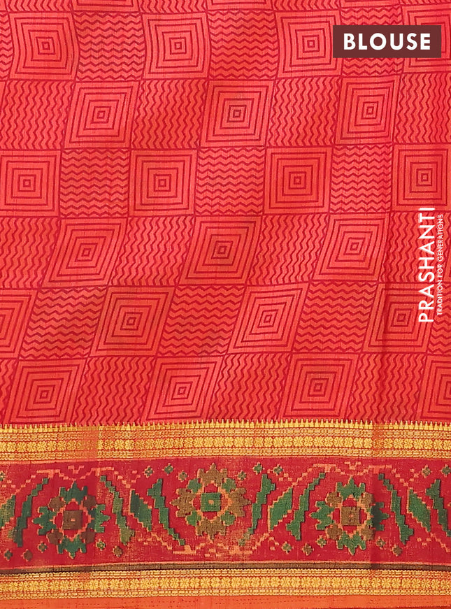 Semi tussar saree orange and maroon with plain body and ikat woven zari border