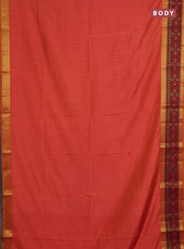 Semi tussar saree dual shade of pinkish orange and maroon with plain body and ikat woven zari border