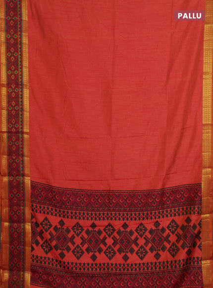 Semi tussar saree dual shade of pinkish orange and maroon with plain body and ikat woven zari border