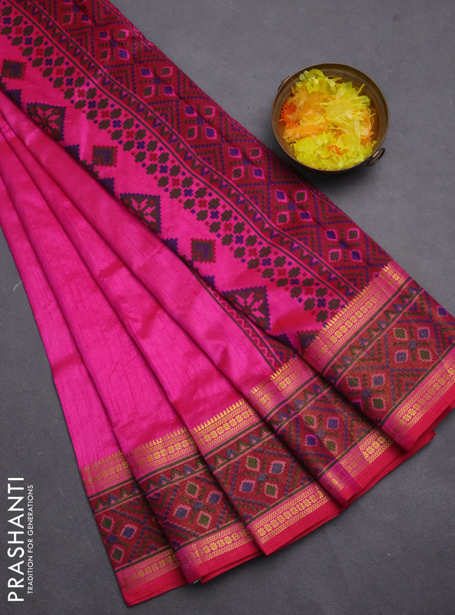 Semi tussar saree pink and maroon with plain body and ikat woven zari border
