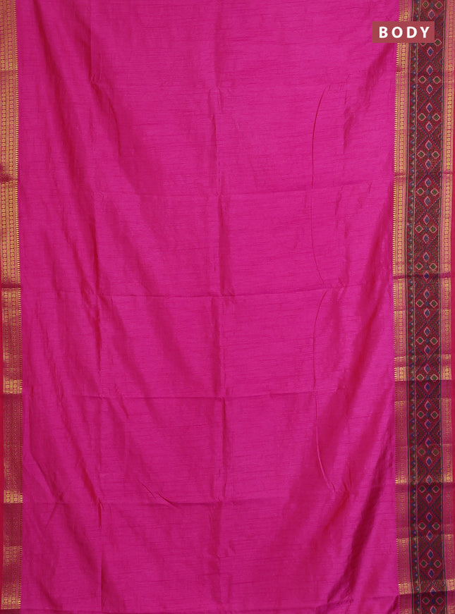 Semi tussar saree pink and maroon with plain body and ikat woven zari border