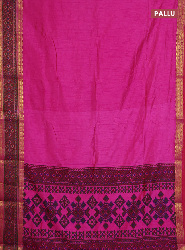 Semi tussar saree pink and maroon with plain body and ikat woven zari border