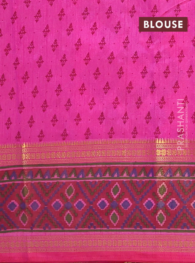 Semi tussar saree pink and maroon with plain body and ikat woven zari border