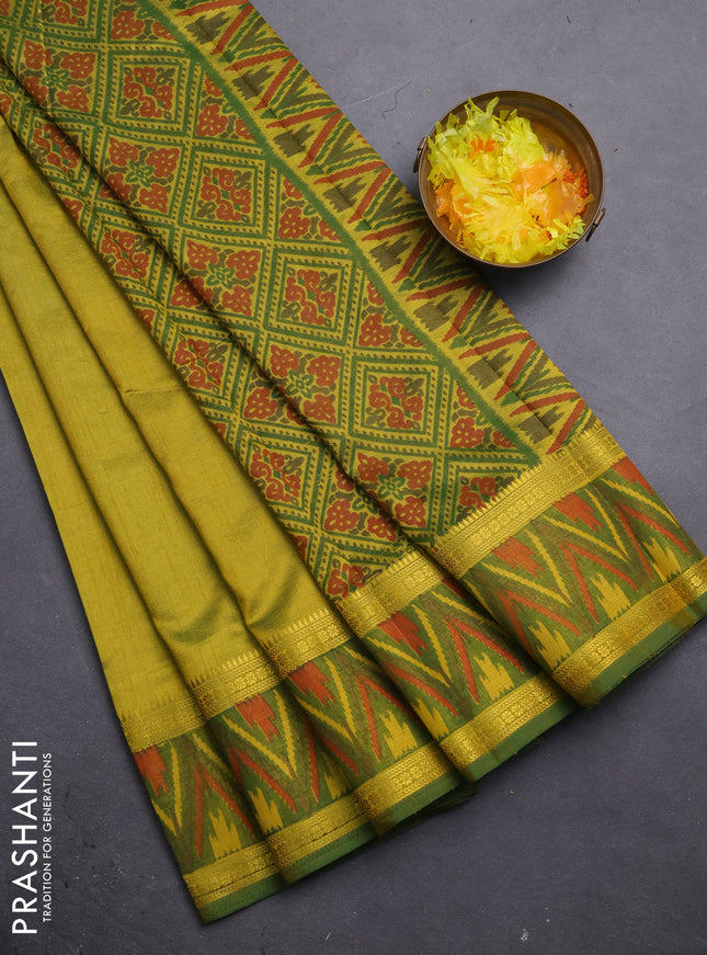 Semi tussar saree light green and green with plain body and ikat woven zari border