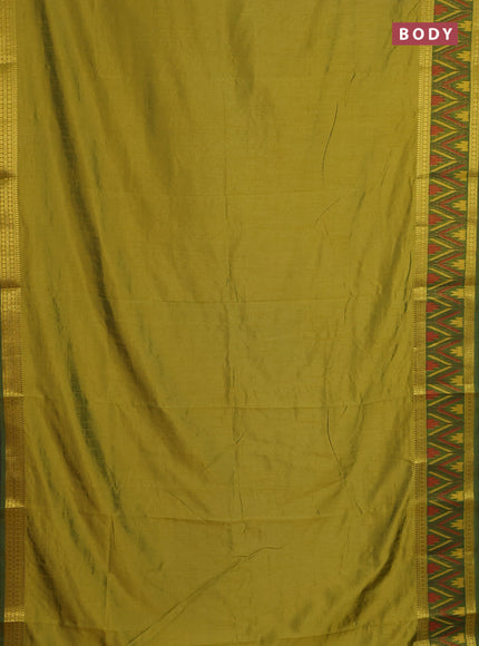 Semi tussar saree light green and green with plain body and ikat woven zari border