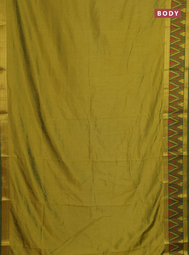 Semi tussar saree light green and green with plain body and ikat woven zari border