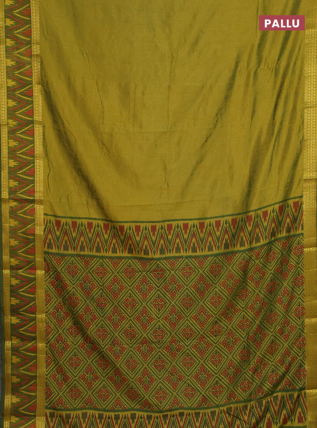 Semi tussar saree light green and green with plain body and ikat woven zari border