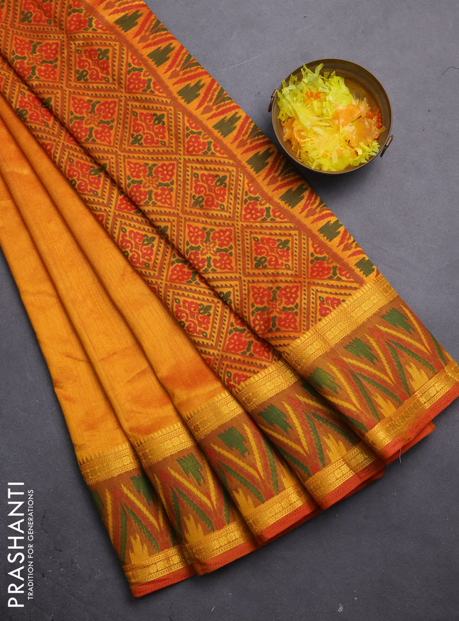 Semi tussar saree sunset orange and dark mustard with plain body and ikat woven zari border