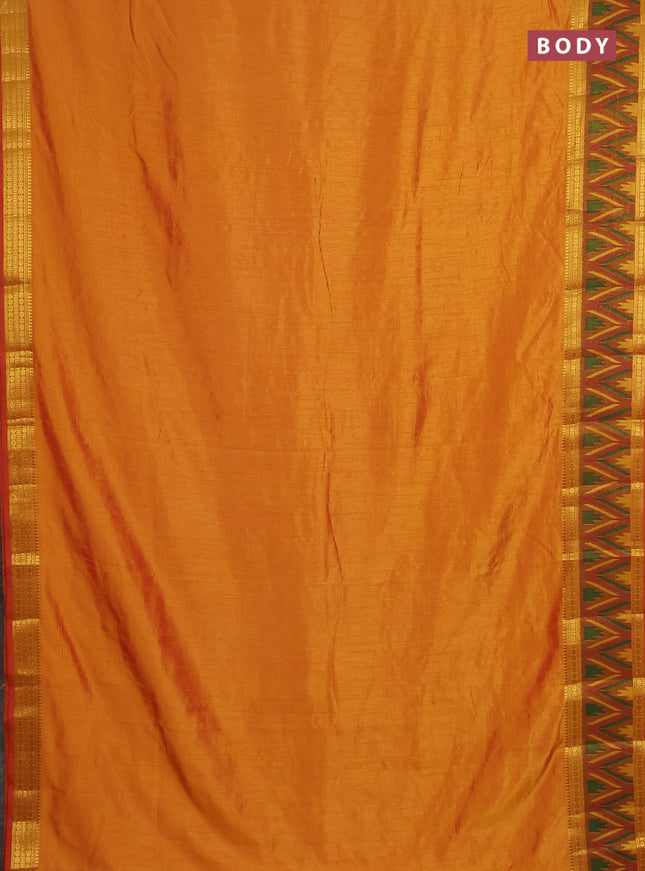 Semi tussar saree sunset orange and dark mustard with plain body and ikat woven zari border
