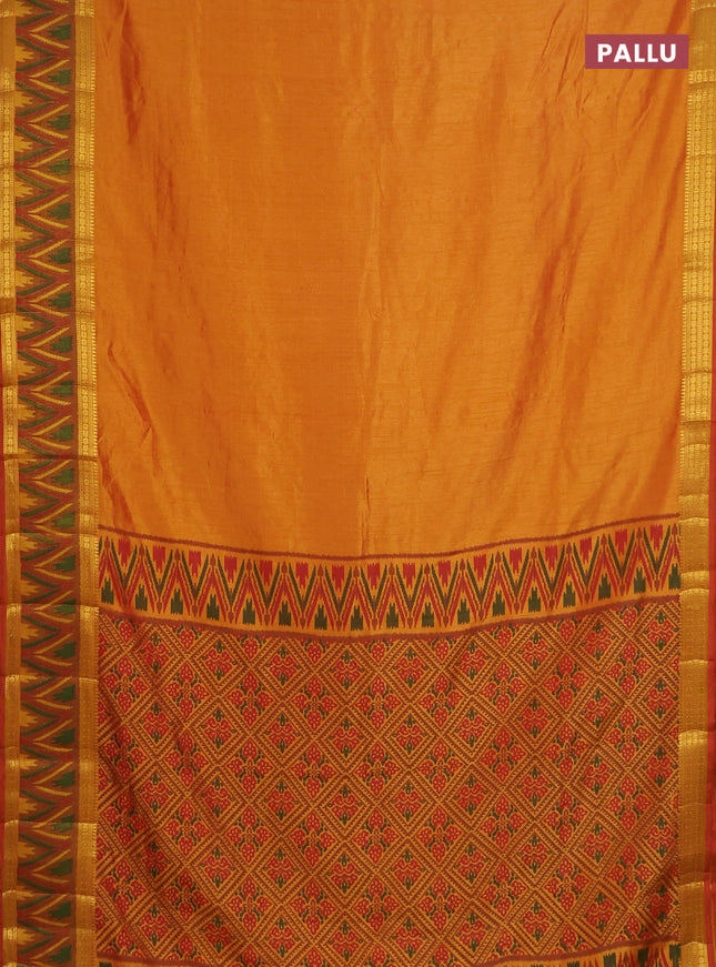 Semi tussar saree sunset orange and dark mustard with plain body and ikat woven zari border