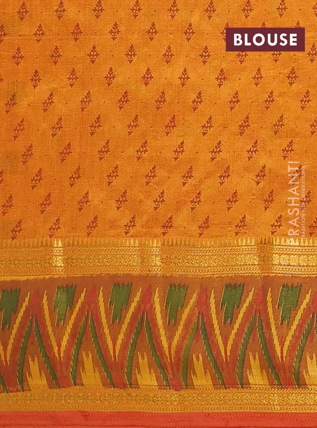 Semi tussar saree sunset orange and dark mustard with plain body and ikat woven zari border