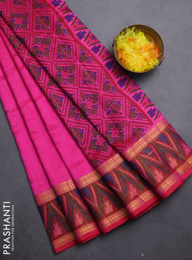 Semi tussar saree pink and maroon with plain body and ikat woven zari border
