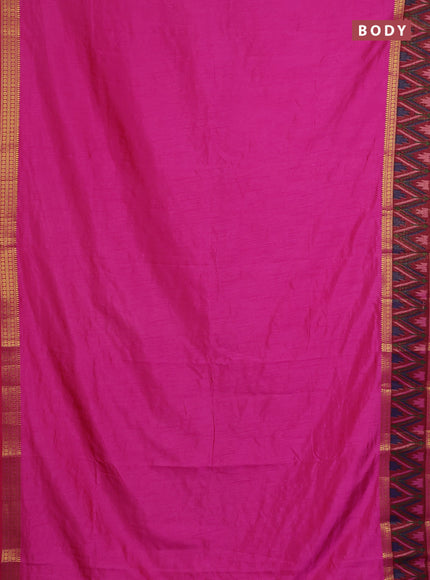 Semi tussar saree pink and maroon with plain body and ikat woven zari border