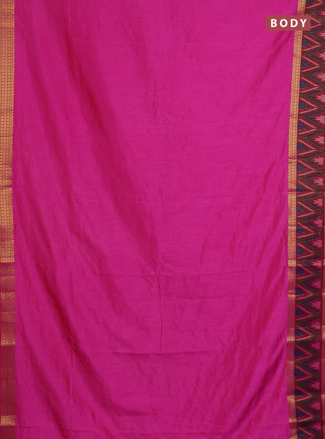 Semi tussar saree pink and maroon with plain body and ikat woven zari border