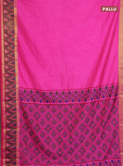 Semi tussar saree pink and maroon with plain body and ikat woven zari border