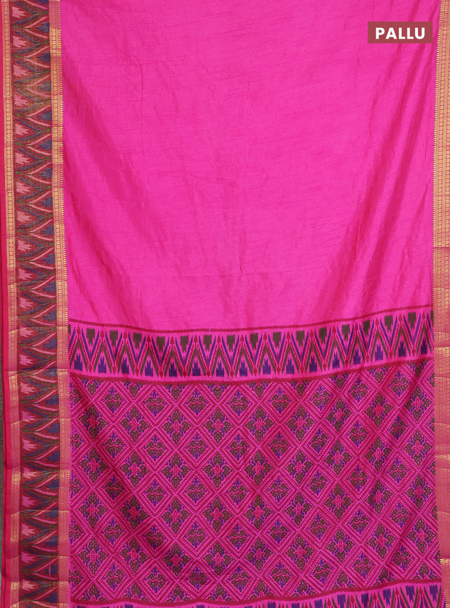 Semi tussar saree pink and maroon with plain body and ikat woven zari border