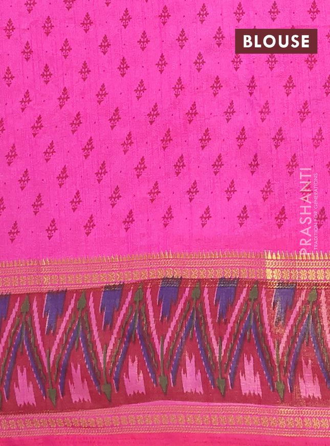 Semi tussar saree pink and maroon with plain body and ikat woven zari border