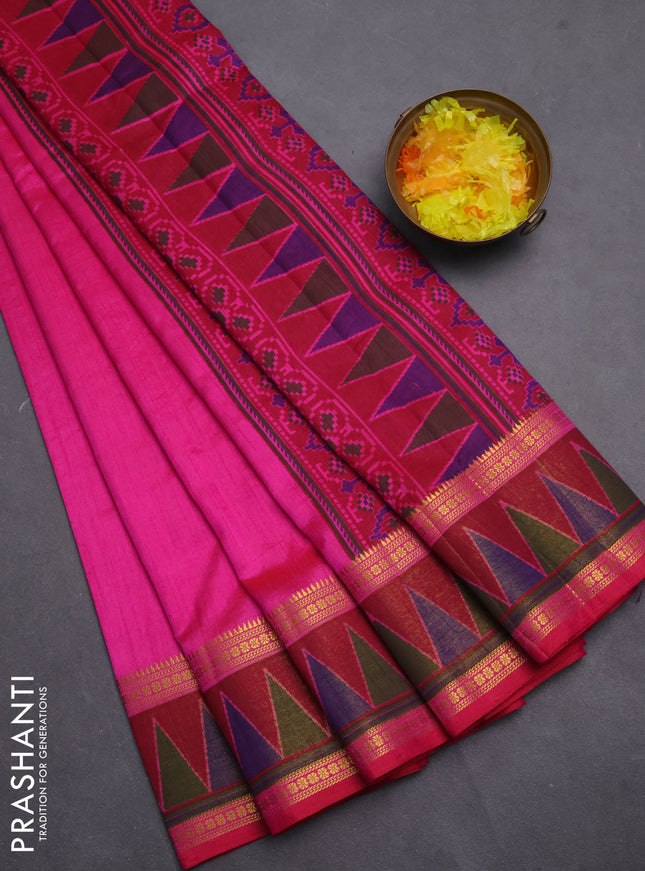 Semi tussar saree pink and maroon with plain body and ikat woven zari border