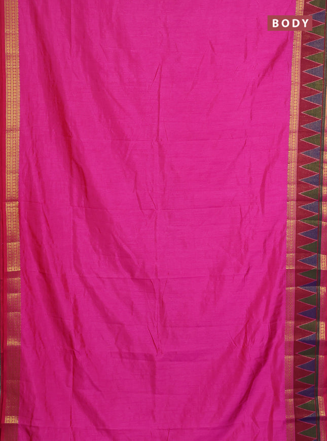 Semi tussar saree pink and maroon with plain body and ikat woven zari border