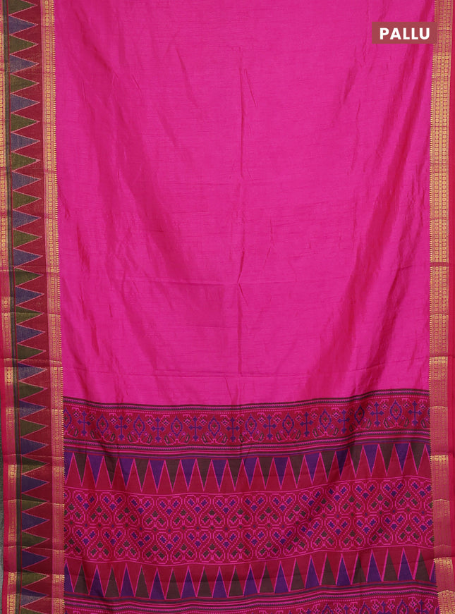 Semi tussar saree pink and maroon with plain body and ikat woven zari border