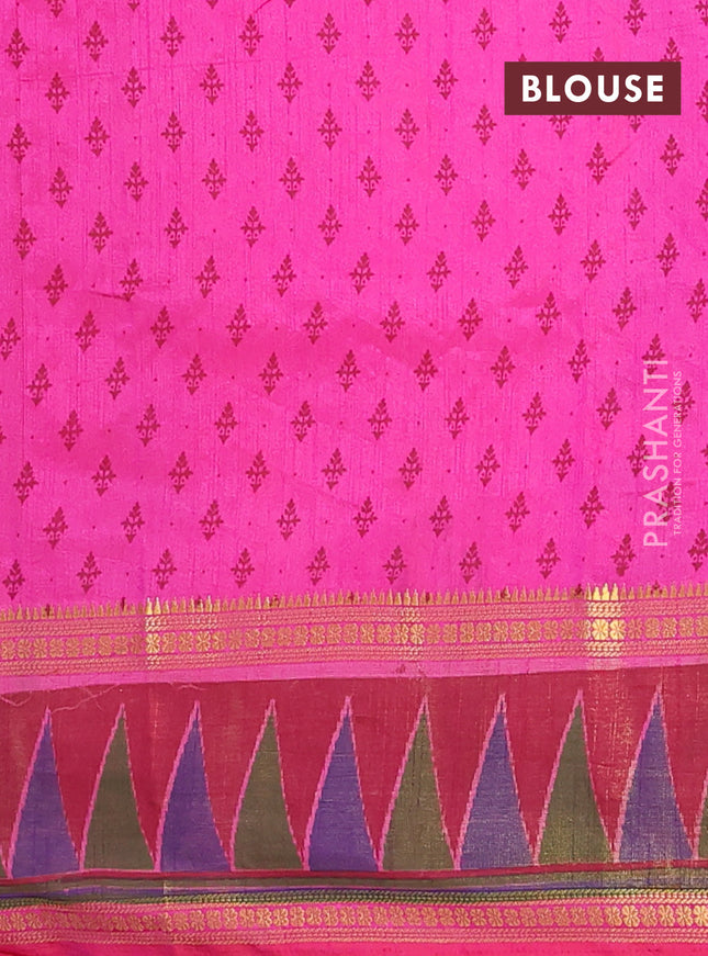 Semi tussar saree pink and maroon with plain body and ikat woven zari border