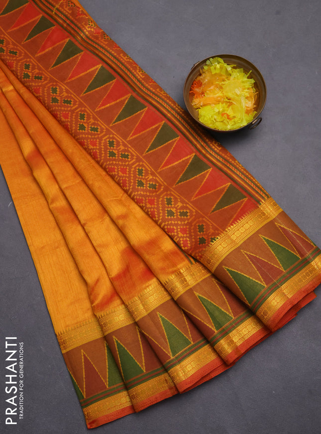 Semi tussar saree sunset orange and dark mustard with plain body and ikat woven zari border