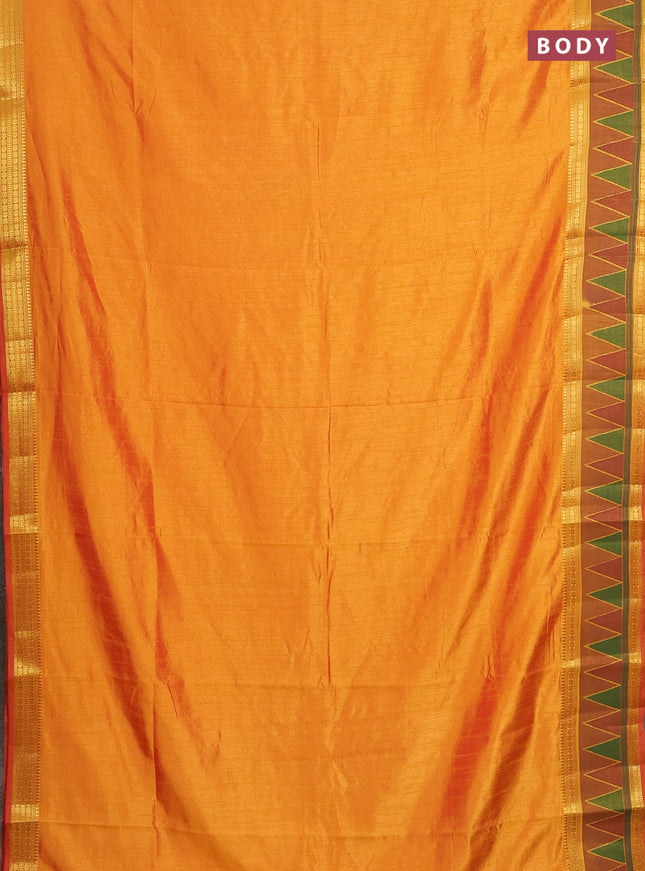 Semi tussar saree sunset orange and dark mustard with plain body and ikat woven zari border