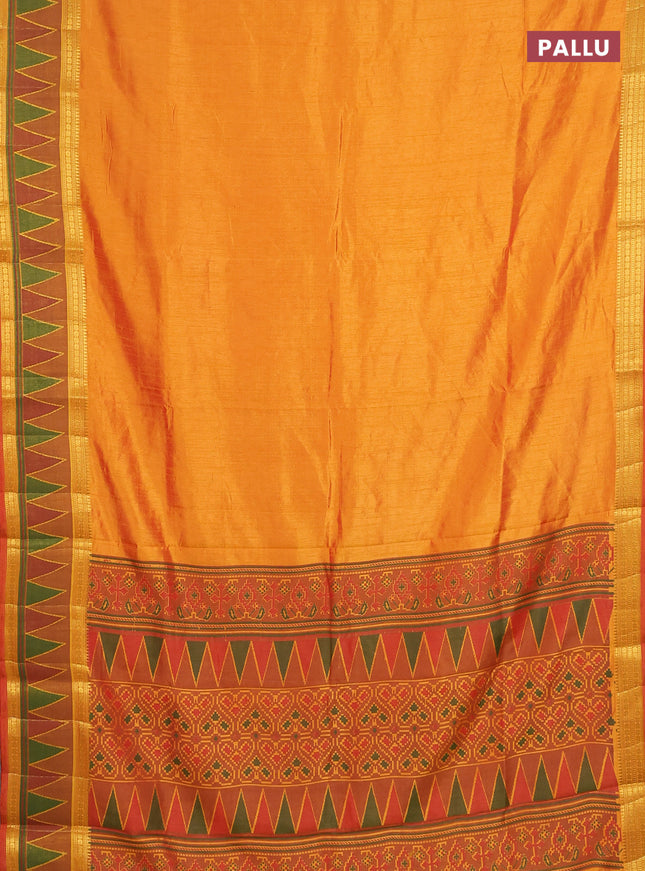 Semi tussar saree sunset orange and dark mustard with plain body and ikat woven zari border