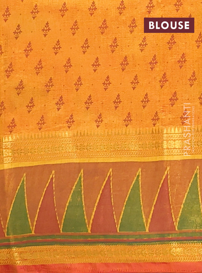Semi tussar saree sunset orange and dark mustard with plain body and ikat woven zari border