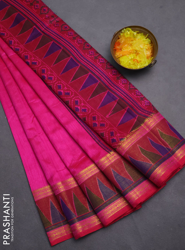 Semi tussar saree pink and maroon with plain body and ikat woven zari border