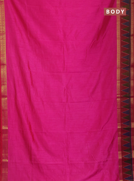 Semi tussar saree pink and maroon with plain body and ikat woven zari border