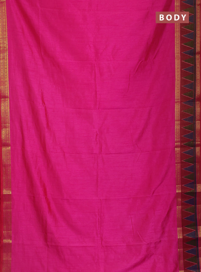 Semi tussar saree pink and maroon with plain body and ikat woven zari border