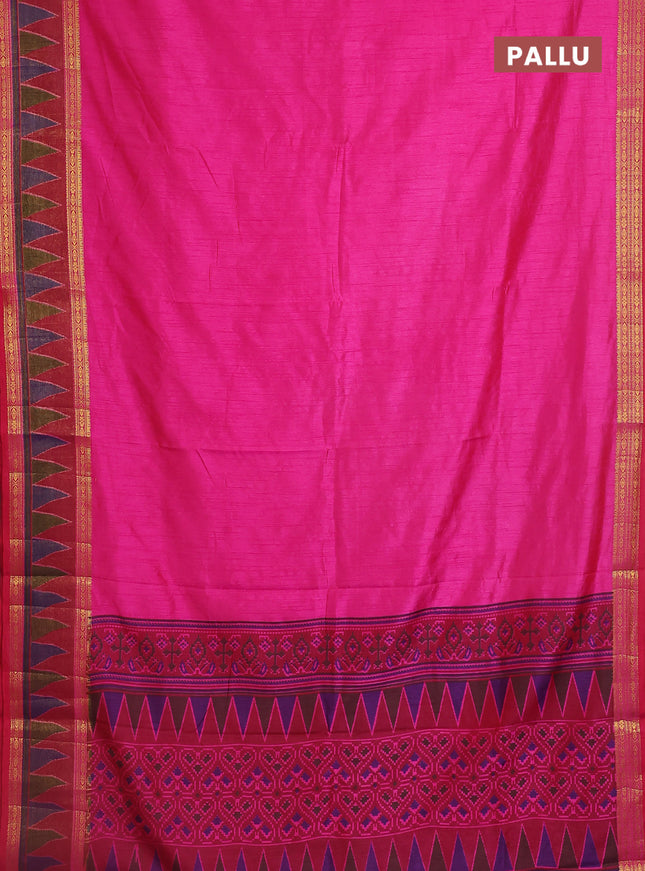 Semi tussar saree pink and maroon with plain body and ikat woven zari border