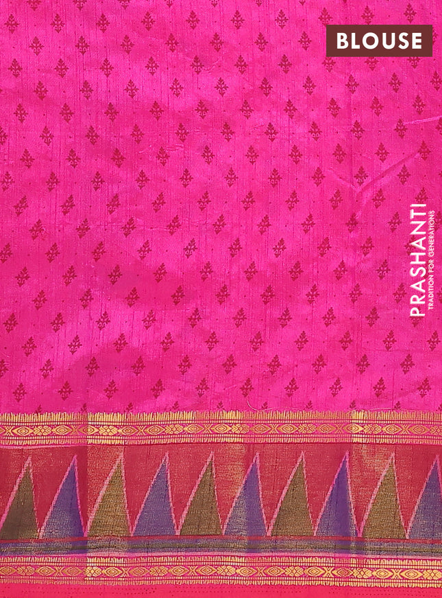 Semi tussar saree pink and maroon with plain body and ikat woven zari border
