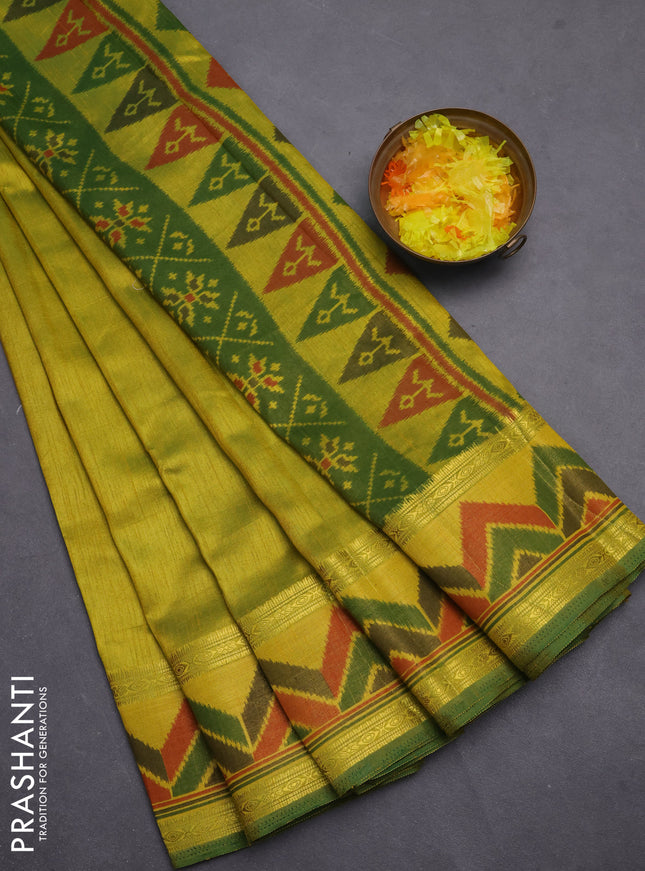 Semi tussar saree light green with plain body and ikat woven zari border