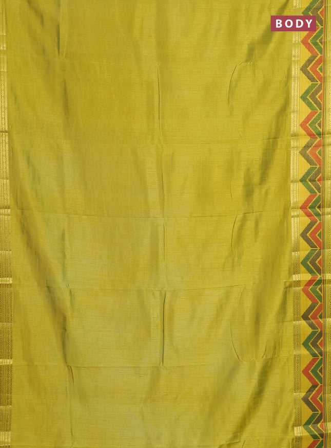 Semi tussar saree light green with plain body and ikat woven zari border