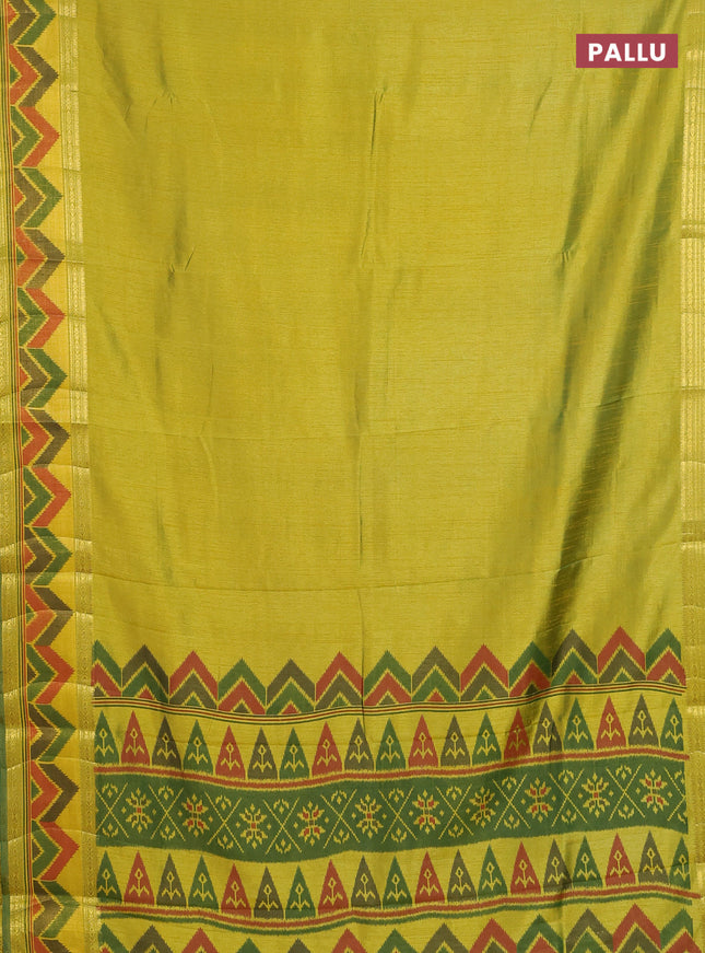 Semi tussar saree light green with plain body and ikat woven zari border