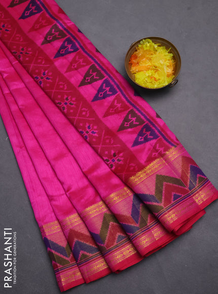 Semi tussar saree pink with plain body and ikat woven zari border
