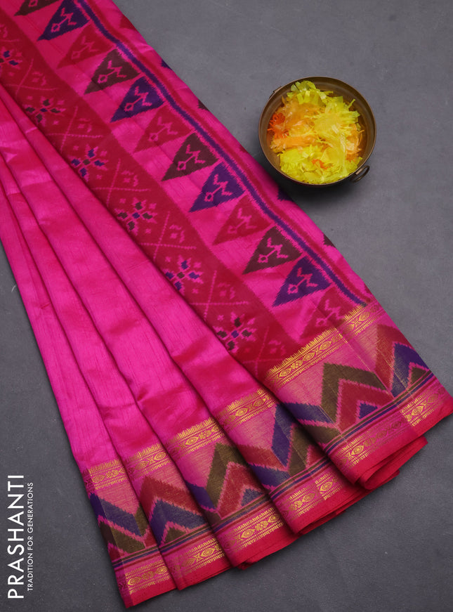 Semi tussar saree pink with plain body and ikat woven zari border